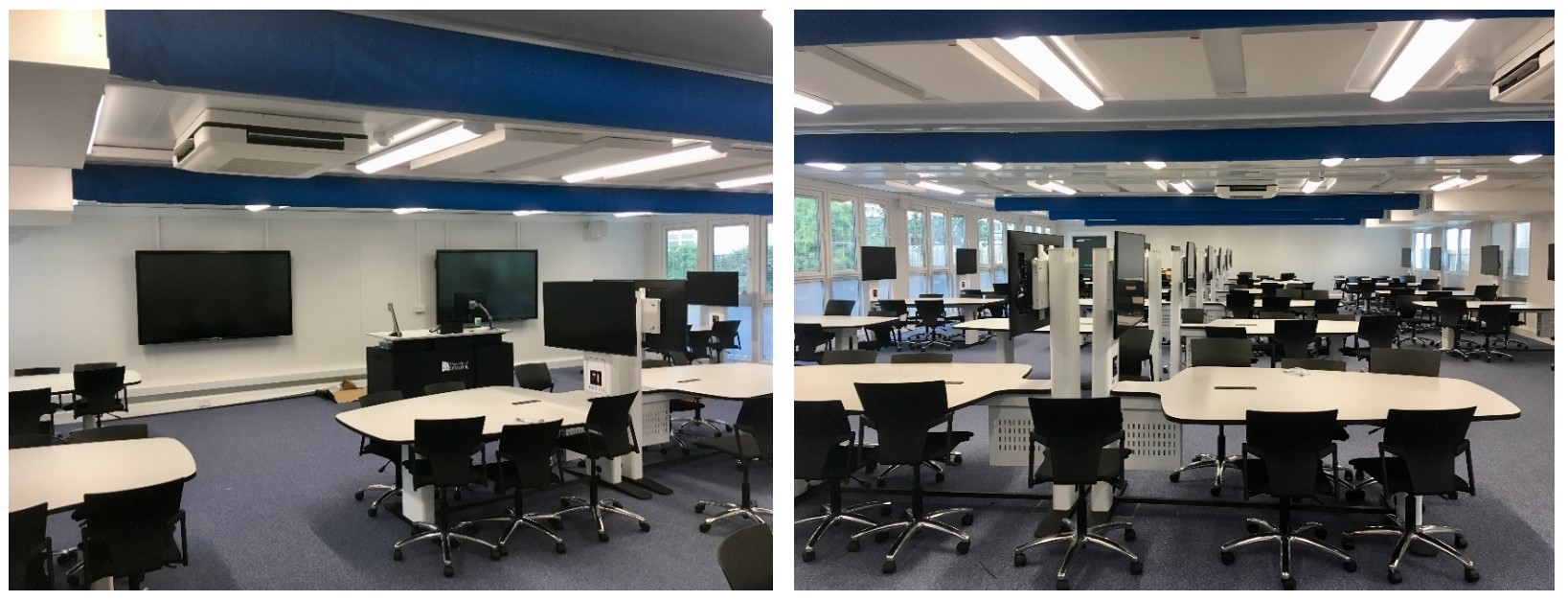 Groups of collaboration desks and chairs spaced around the room.